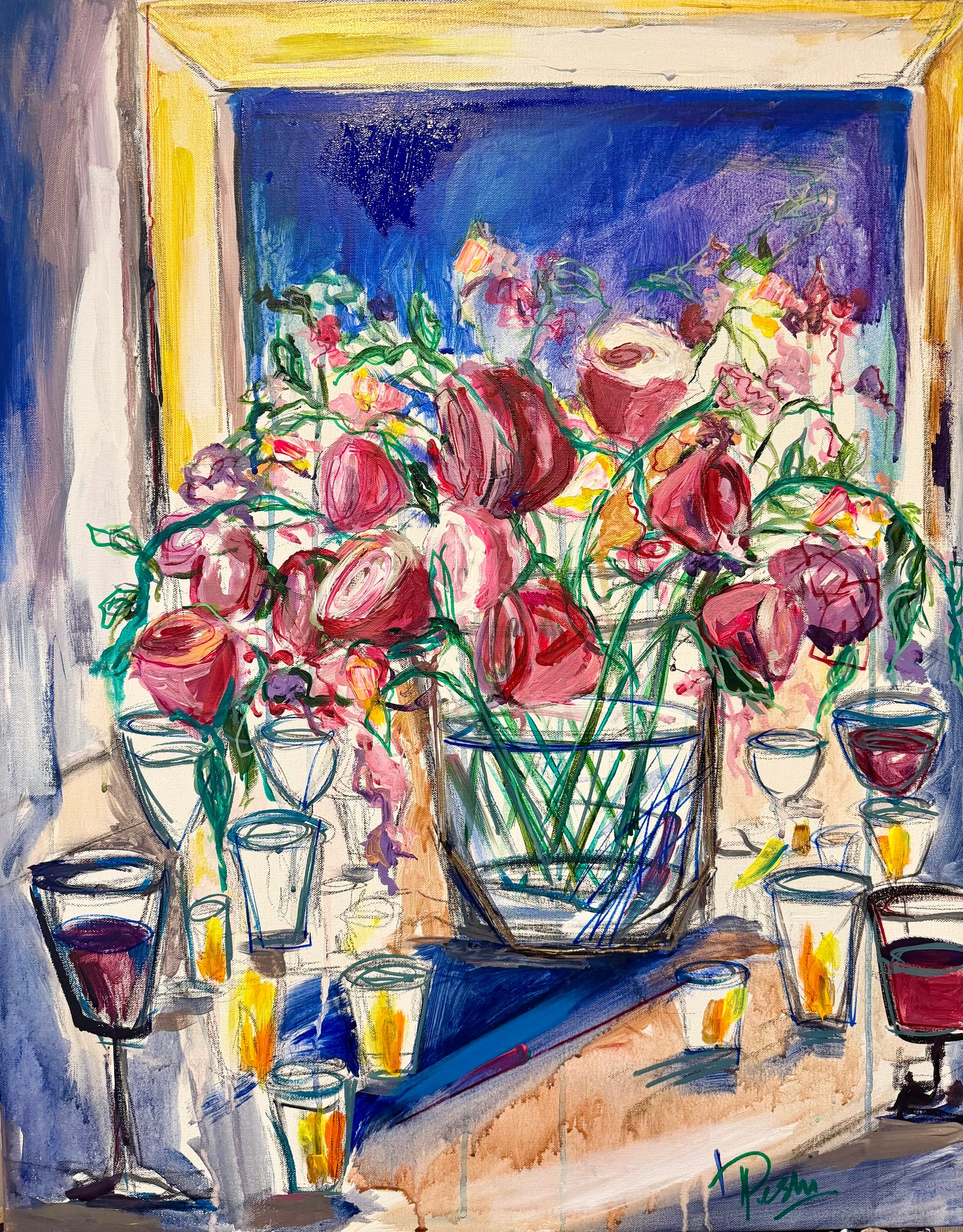 Floral Menagerie painting on canvas | 24x30 | acrylic, charcoal and oil stick on canvas.