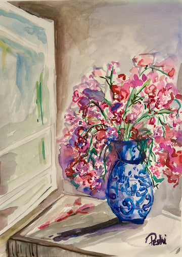 Floral Near a Window | watercolor painting | 12x9 | framed